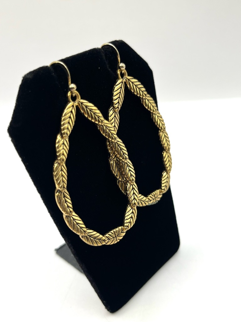 Barse Teardrop Leaf Link Earrings Gold Vermeil 925 Sterling Silver Hoop Large - Picture 2 of 14